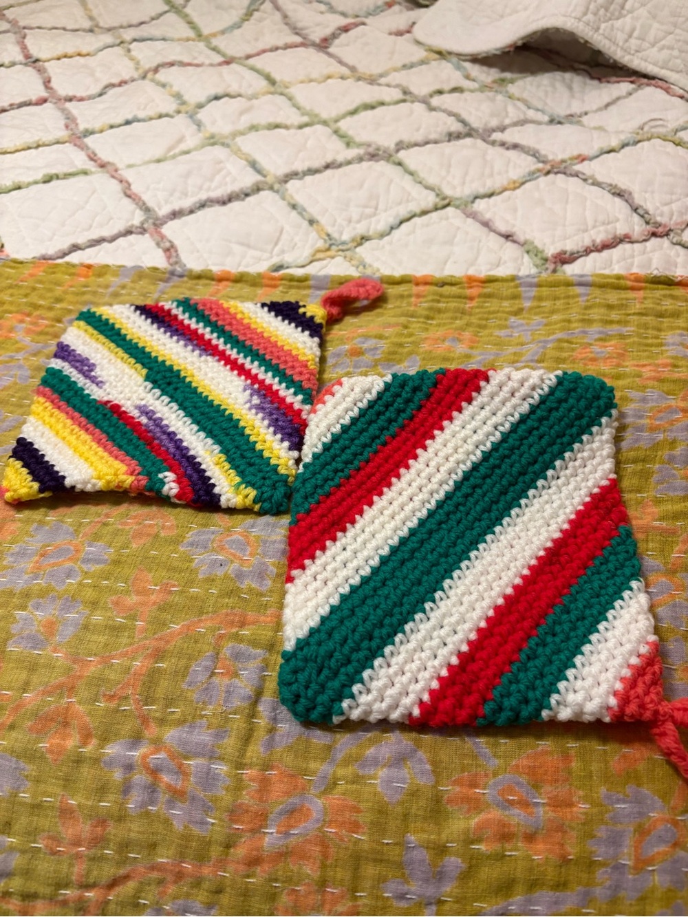 Handmade Kids Crochet Pot Holders in Red, Green, White & Multi